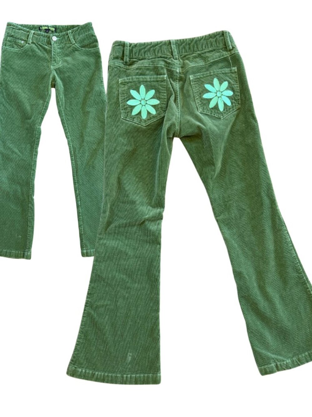 Tunnel Vision Bright Green Corduroy Low Waisted Flare Pants Embroidered Size XS